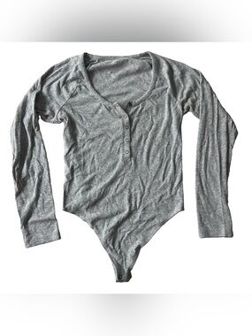 Aerie Ribbed Long Sleeve Henley Bodysuit Womens L Heather Gray Minimalist
